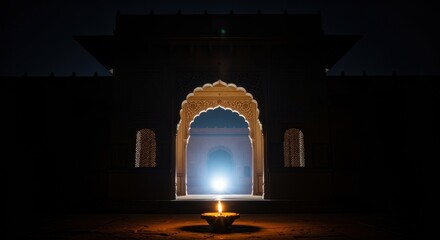 Glowing candle illuminates ancient Indian archway at night, evoking peace and tranquility
