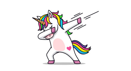 Adorable cartoon unicorn doing the dab dance move with rainbow mane and tail and a heart on its side
