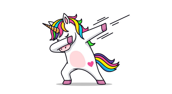 Adorable cartoon unicorn doing the dab dance move with rainbow mane and tail and a heart on its side