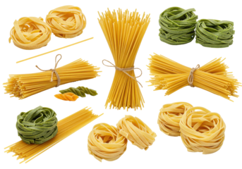 Assortment of fresh pasta types different shapes and colors traditional food illustration isolated on white background