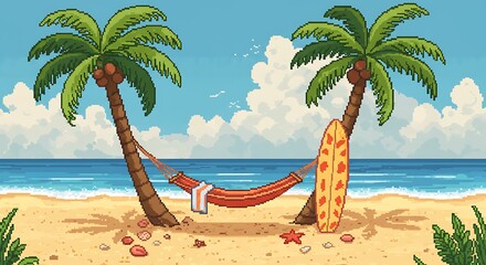 Naklejka premium Tropical Beach with Hammock and Surfboard Pixel Art