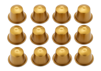 Twelve golden coffee pods arranged rectangular grid beverage accessory illustration isolated on white background