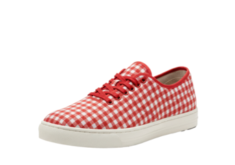 Red and white gingham canvas sneaker matching laces white sole footwear design isolated on white background
