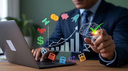 Businessman analyzing digital financial growth charts and cryptocurrency symbols with laptop