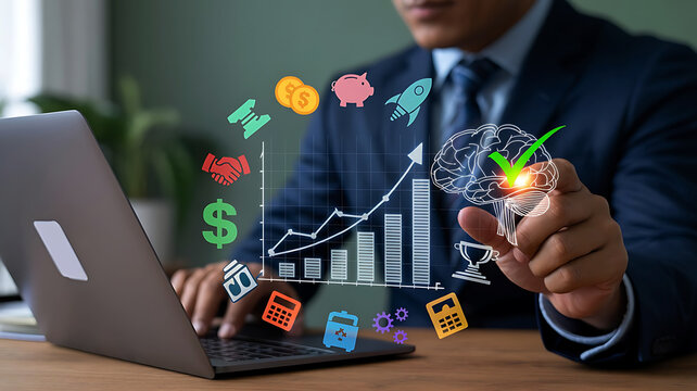 Businessman analyzing digital financial growth charts and cryptocurrency symbols with laptop - Powered by Adobe