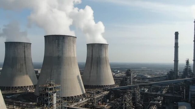 Drone following a highway with cars passing, leading towards a massive nuclear plant