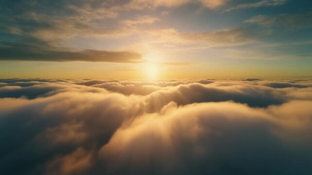 A mesmerizing view of the sun setting over a sea of clouds, evoking a sense of peace and wonder. The clouds are illuminated by the golden sunlight, creating a breathtaking scenery
