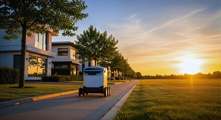 Futuristic Delivery Robot on Suburban Street at Golden Hour - Sustainable Urban Logistics