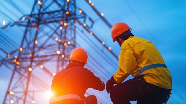 Two workers in safety gear observe a high-voltage power line, highlighting the importance of electrical infrastructure and safety in the energy sector.