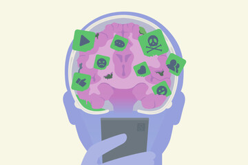Human brain is got stabbed with content icons, in hand is a smartphone. Brain rot from addicted social media and bad content. Scroll through the feed, Loss concentration, Addict.
