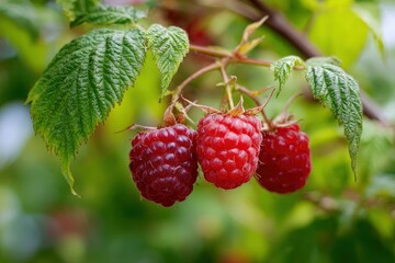 Three raspberries hang one deep red others lighter with jaggededged green leaves and blurry green background