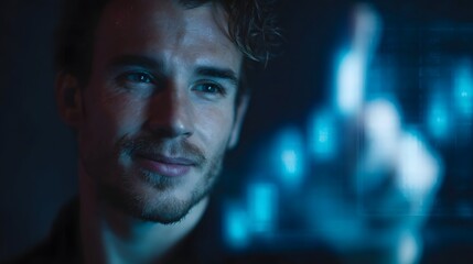 Focused male entrepreneur analyzing digital financial data