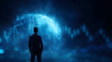 Investor silhouette standing before a glowing holographic globe displaying financial data