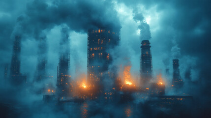 Obraz premium Cyber industrial themed illustration of a cooling tower