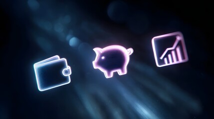 Holographic financial interface with spinning icons