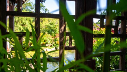 Garden View Through Lattice Window