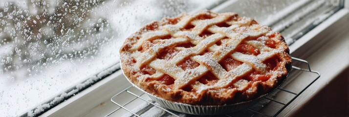 Homemade Cherry Pie Cooling on a Rack Beside a Rainy Window During Autumn