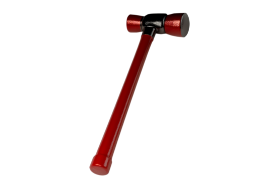 Shiny red sledgehammer with black metal head and white background, cut out transparent