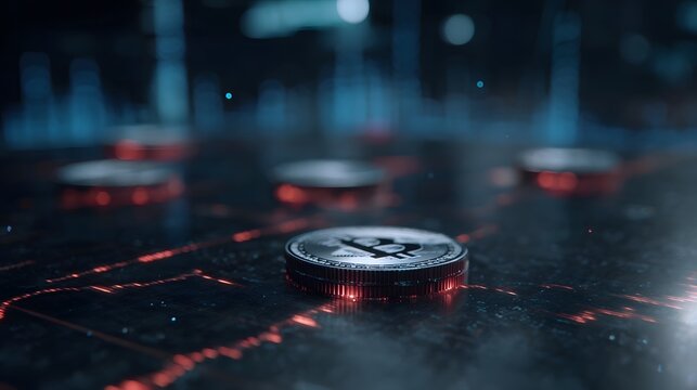 Futuristic virtual boardroom with floating cryptocurrency icons and data streams