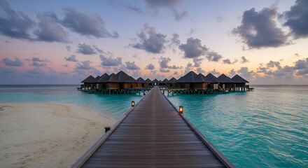 Obraz premium A Stunning Overwater Villa Resort During Twilight Golden Hour