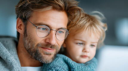 A loving family with a father and young child spending quality time at home while looking at a laptop, symbolizing connection, care, and work-from-home life.