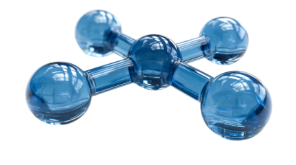 Abstract molecular structure formed from transparent blue glass spheres and rods, cut out transparent