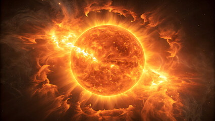 Obraz premium Fiery Orange and Yellow Sunburst Explosion with Bright Plasma Streams and Glowing Nebula Clouds in Space