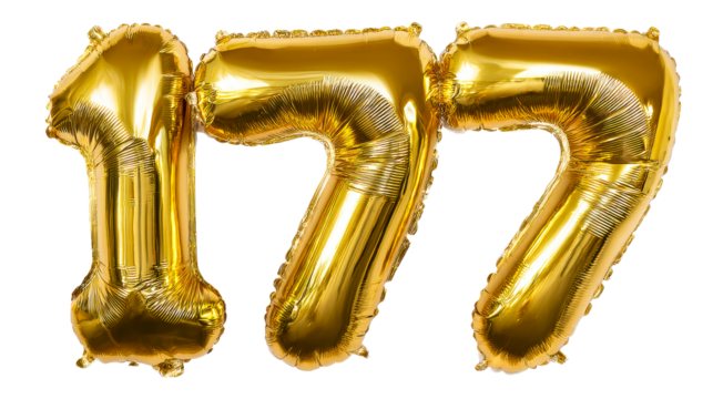 Golden Mylar Balloons Forming Number 177 Isolated on White Background, cut out transparent