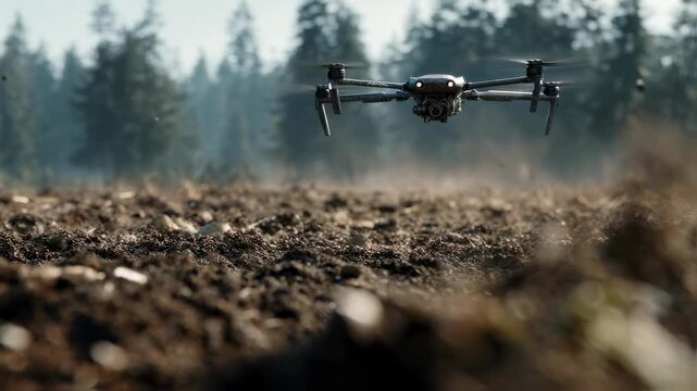 Detailed medium shot highlighting the lidar drones mapping apparatus in clear focus flying low over uneven minefield ground while the distant field remains out of focus showcasing