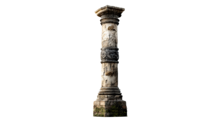 Ancient weathered stone column with intricate carvings isolated on white, cut out transparent