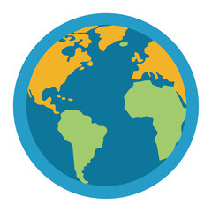 Fototapeta premium Stylized flat illustration of the planet earth showing continents in green and orange against a blue ocean and outer blue ring