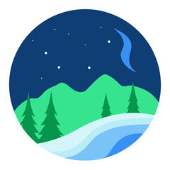 Fototapeta premium Stylized winter night landscape with snow covered hills pine trees and a crescent moon in a starry sky