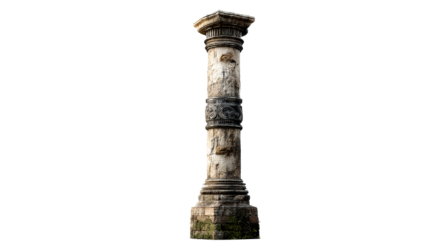 Ancient weathered stone column with intricate carvings isolated on white, cut out transparent