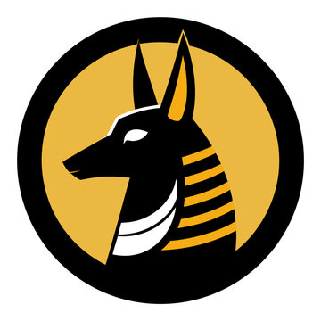 Stylized egyptian god anubis depicted as a black jackal head with gold accents inside a black and gold circle on a white background