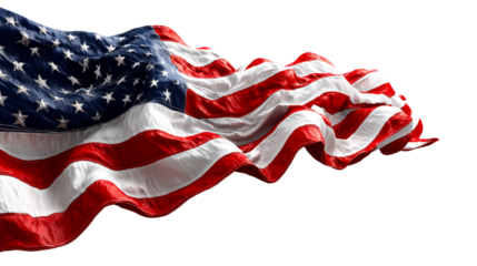 Waving American Flag With Stars and Stripes Against White Background, cut out transparent