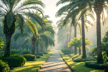 Obraz premium Sunlit Pathway Through Lush Green Palm Tree Lined Garden with Stone Path Morning Mist Soft Light trees