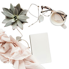 Pastel-toned flat lay featuring a succulent, eyeglasses, a coffee cup, and a soft fabric