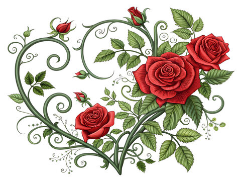 Red roses and green vines forming a heart shape floral design romantic