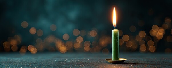 A single, vibrant green candle flickers softly against a backdrop of teal and golden bokeh, casting a warm and contemplative mood.