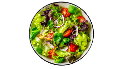 Fresh mixed greens salad with cherry tomatoes and red onion, cut out transparent