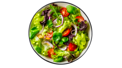 Fresh mixed greens salad with cherry tomatoes and red onion, cut out transparent