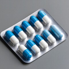 Blue and white pills in blister pack on grey