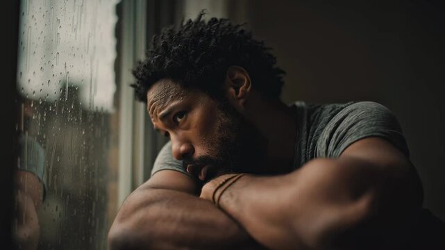 Black man feeling sadness, lonely and depressed while looking out rainy window 
