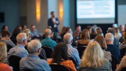 Rear view of blurred audience listens lecturer at public company workshop. Corporate professional coaching, academic convention concept