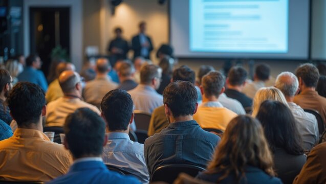 Rear view of blurred audience listens lecturer at public company workshop. Corporate professional coaching, academic convention concept - Powered by Adobe