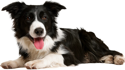 Fototapeta premium Black and white Border Collie dog with tongue out resting on white background, cut out transparent