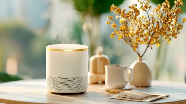 Smart speaker wireless device for modern home interior with cozy sunlight and white gold table