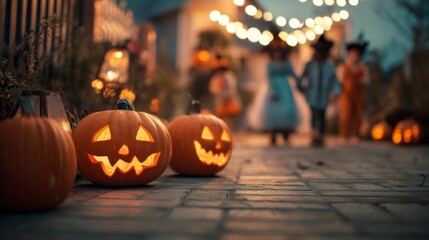 Halloween pumpkins glowing on pathway with children in costumes