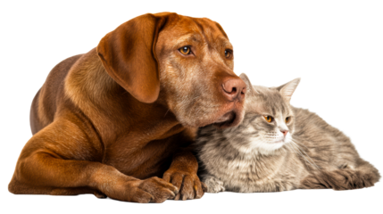 Loyal brown dog resting its head on a fluffy gray cat against a white background, cut out transparent