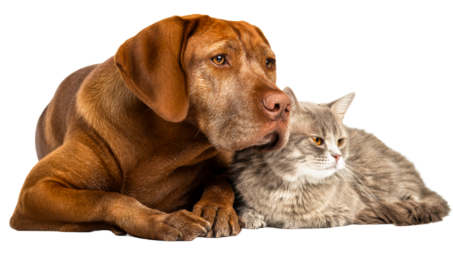 Loyal brown dog resting its head on a fluffy gray cat against a white background, cut out transparent